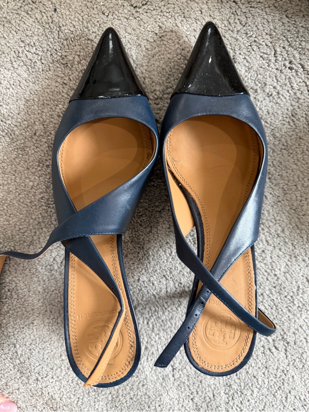 Tory Burch Navy Leather Slingback Flats with Black Patent Pointed Toes